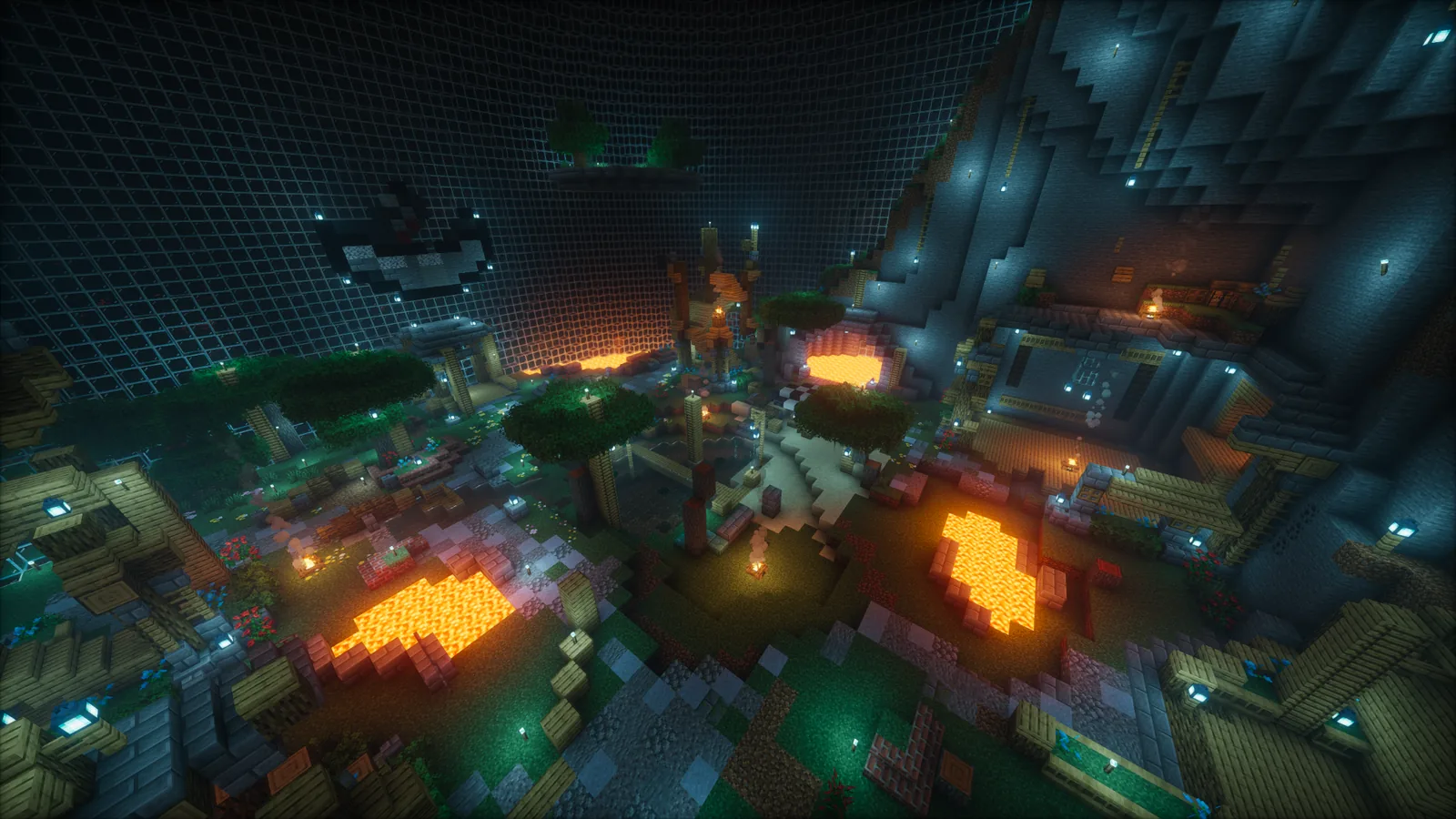 Large underground settlement with lava pools and glass walls on Manja SMP