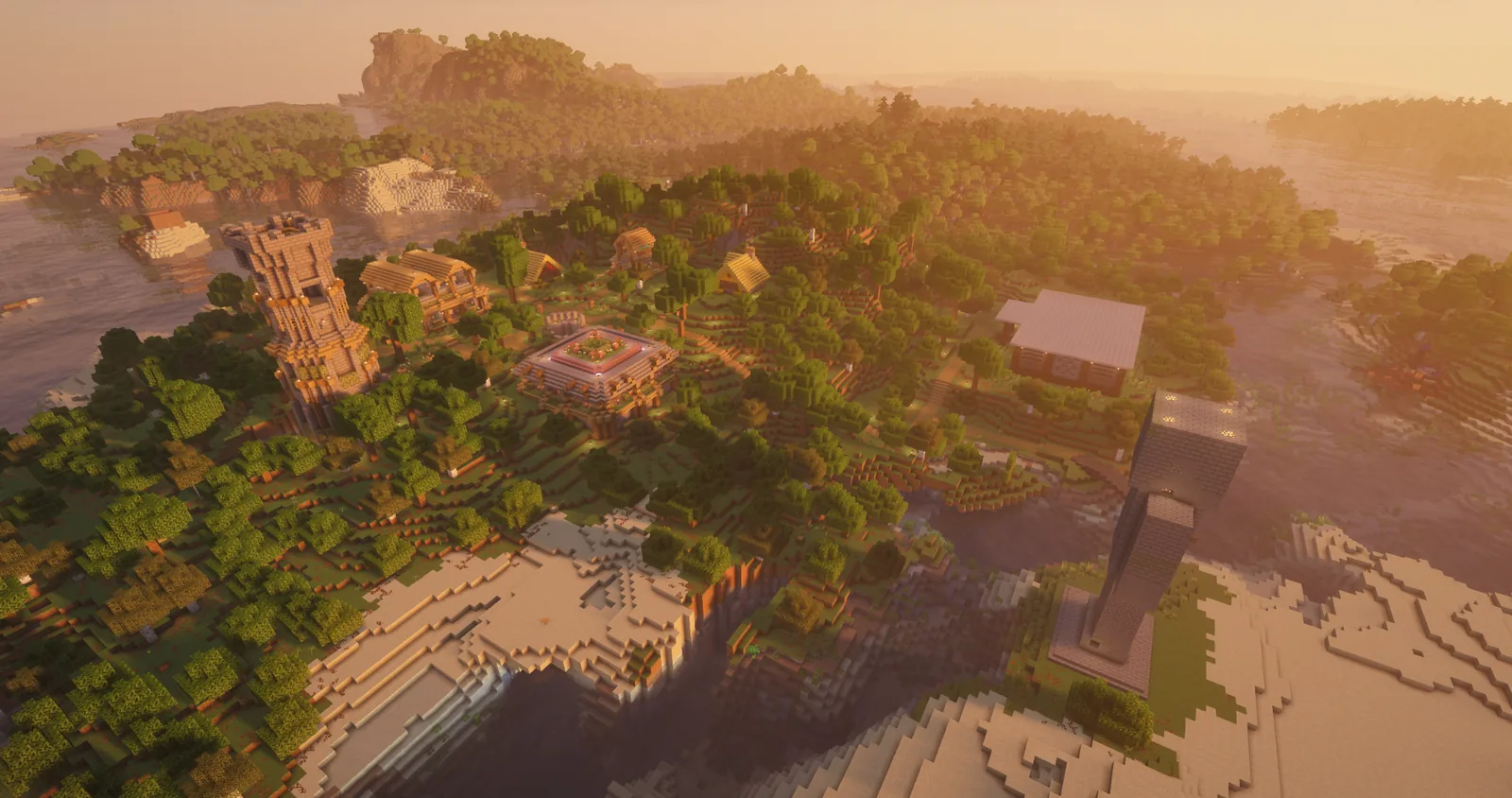 Aerial view of forests coastline and builds on Manja SMP