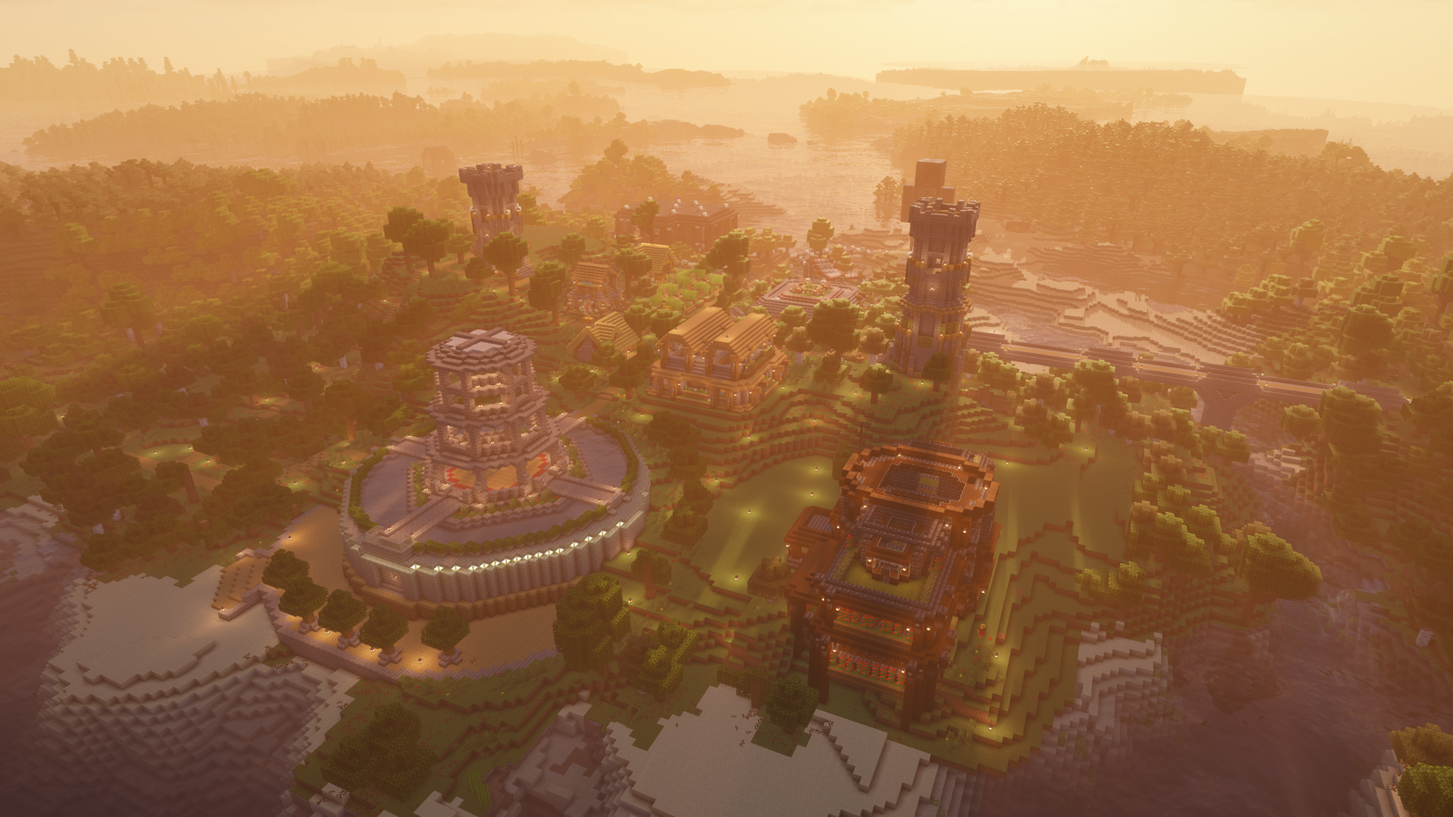 Aerial view of a developed area on Manja SMP at sunset